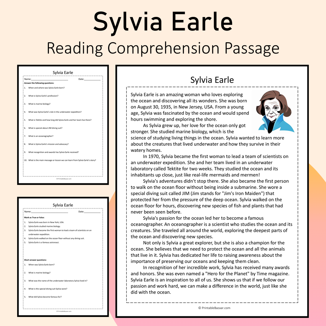 Sylvia Earle | Reading Comprehension Passage Printable Activity