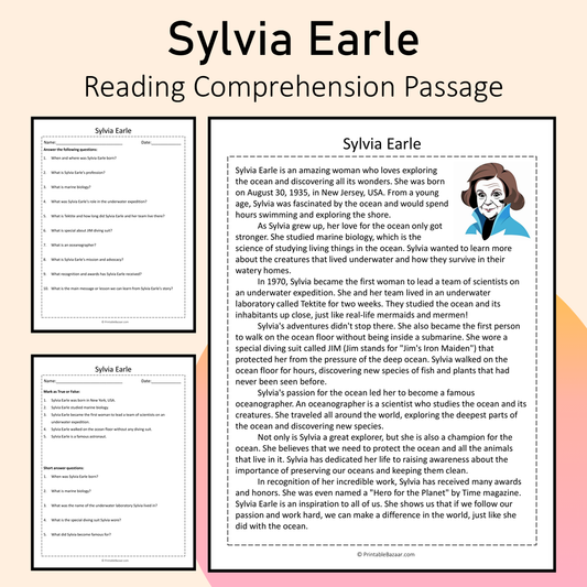 Sylvia Earle | Reading Comprehension Passage Printable Activity
