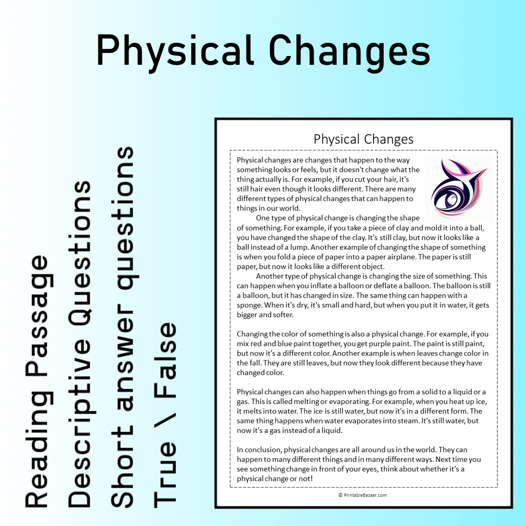 Physical Changes | Reading Comprehension Passage Printable Worksheet
