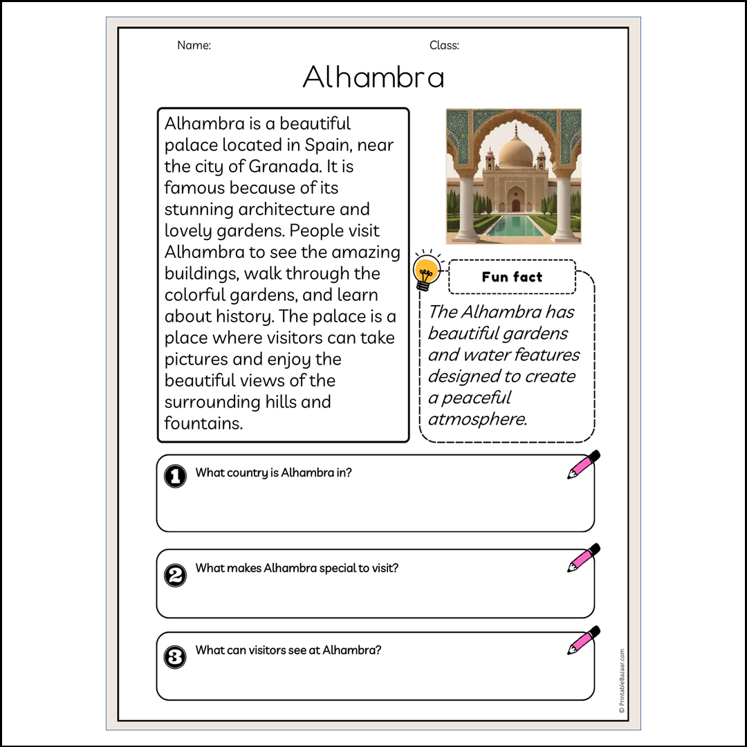 Alhambra | Reading Passage Comprehension Questions Writing Facts Worksheet