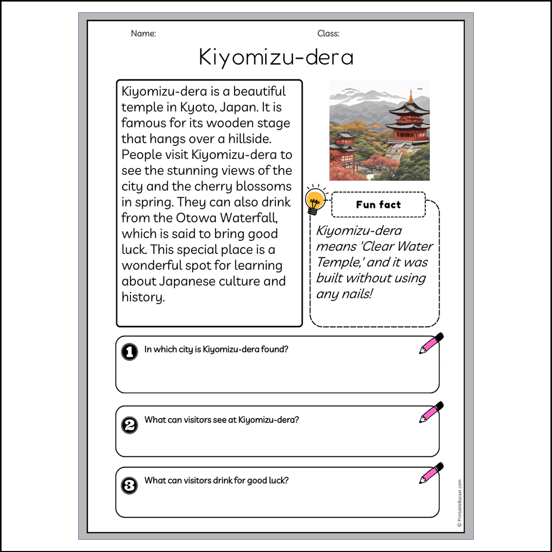 Kiyomizu-dera | Reading Passage Comprehension Questions Writing Facts Worksheet