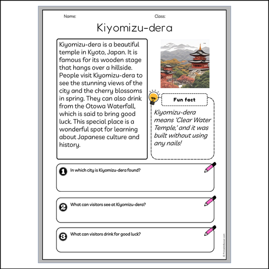 Kiyomizu-dera | Reading Passage Comprehension Questions Writing Facts Worksheet