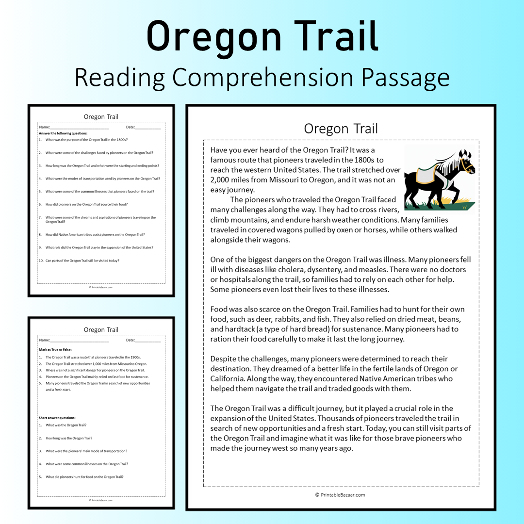 Oregon Trail | Reading Comprehension Passage Printable Worksheet