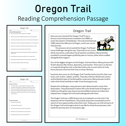 Oregon Trail | Reading Comprehension Passage Printable Worksheet