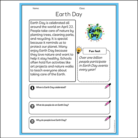 Earth Day | Reading Passage Comprehension Questions Writing Facts Worksheet