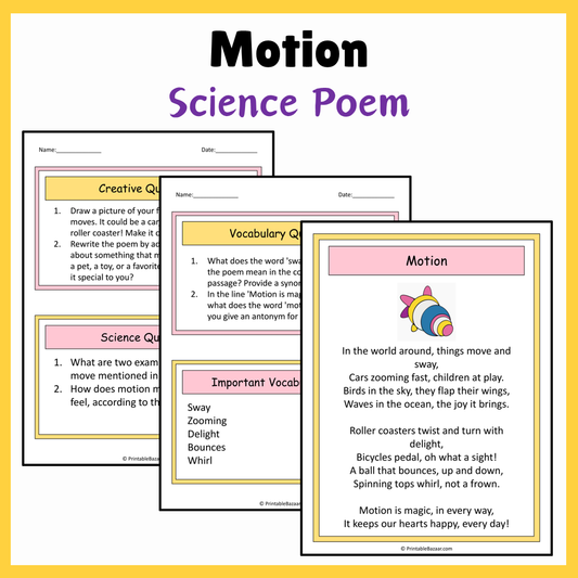 Motion | Science Poem Reading Comprehension Activity