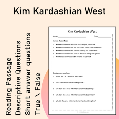 Kim Kardashian West | Reading Comprehension Passage Printable Activity