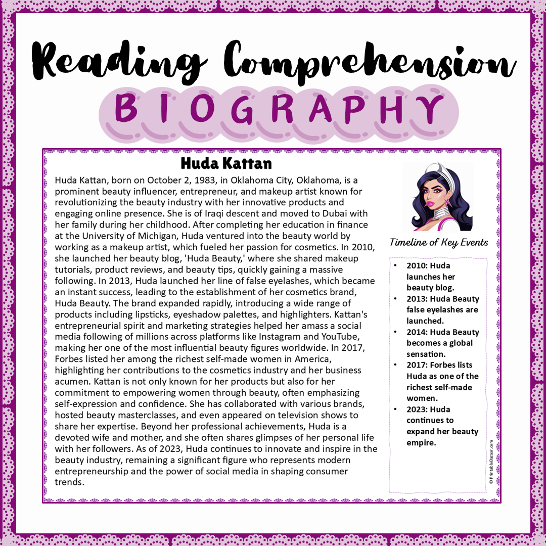 Huda Kattan | Biography Reading Comprehension and Questions Worksheet