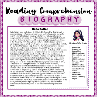 Huda Kattan | Biography Reading Comprehension and Questions Worksheet