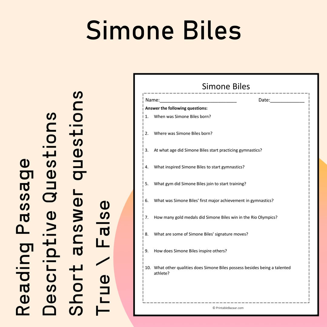 Simone Biles | Reading Comprehension Passage Printable Activity
