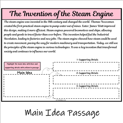 The Invention of the Steam Engine | Main Idea and Supporting Details Reading Passage and Questions