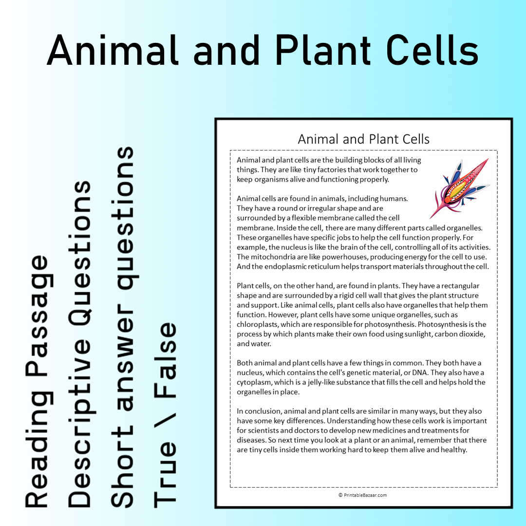 Animal and Plant Cells | Reading Comprehension Passage Printable Worksheet