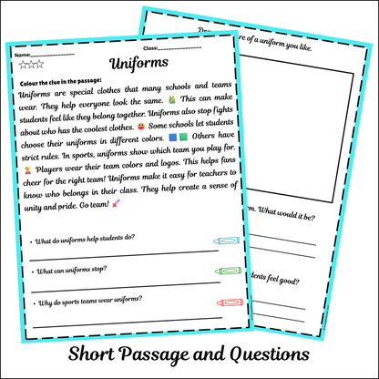 Uniforms | Short Reading Comprehension Creative Worksheet