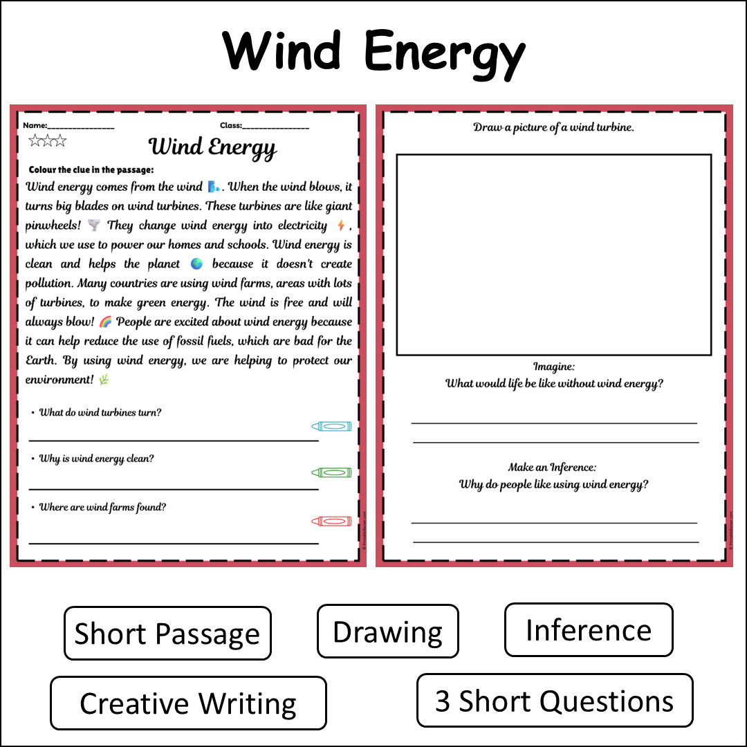 Wind Energy | Short Reading Comprehension Creative Worksheet