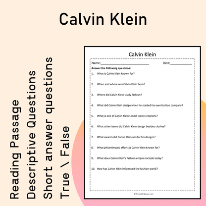 Calvin Klein | Reading Comprehension Passage Printable Activity