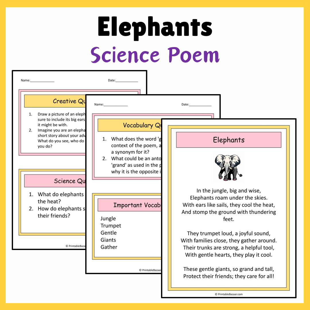 Elephants | Science Poem Reading Comprehension Activity