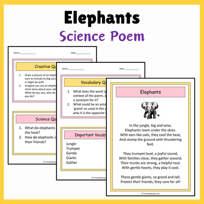 Elephants | Science Poem Reading Comprehension Activity