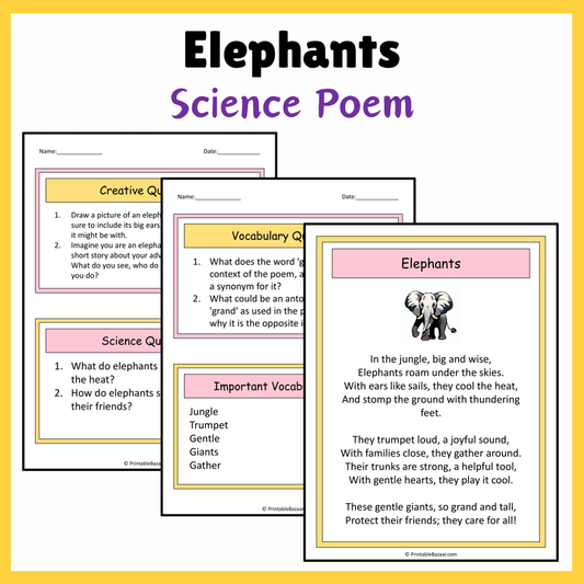 Elephants | Science Poem Reading Comprehension Activity