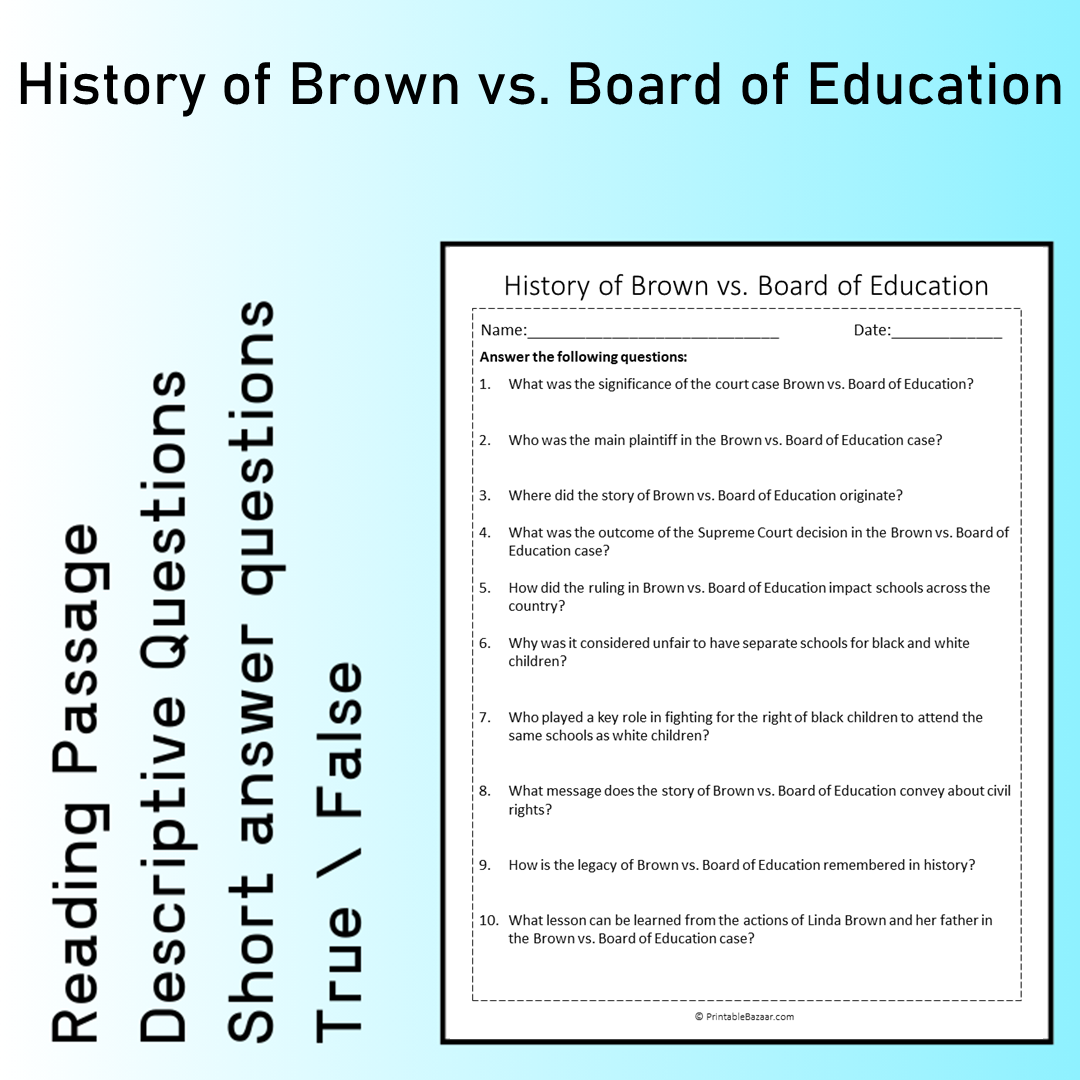 History of Brown vs. Board of Education | Reading Comprehension Passage Printable Worksheet