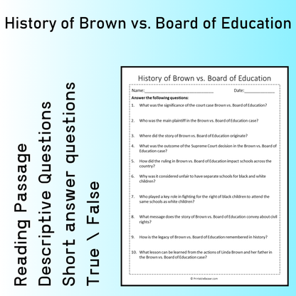 History of Brown vs. Board of Education | Reading Comprehension Passage Printable Worksheet