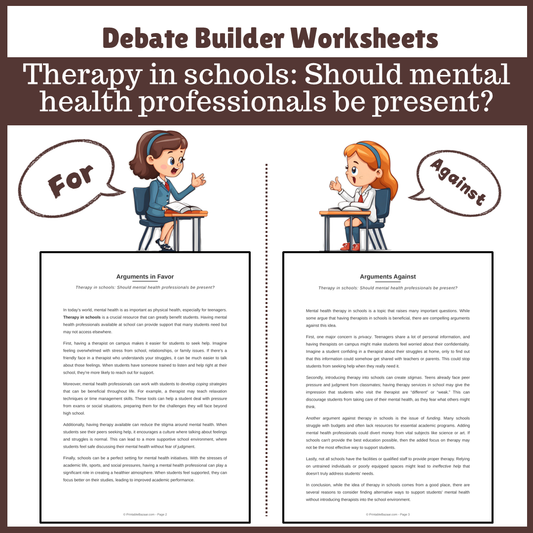 Therapy in schools: Should mental health professionals be present? | Favour and Against Worksheet Printable Activity