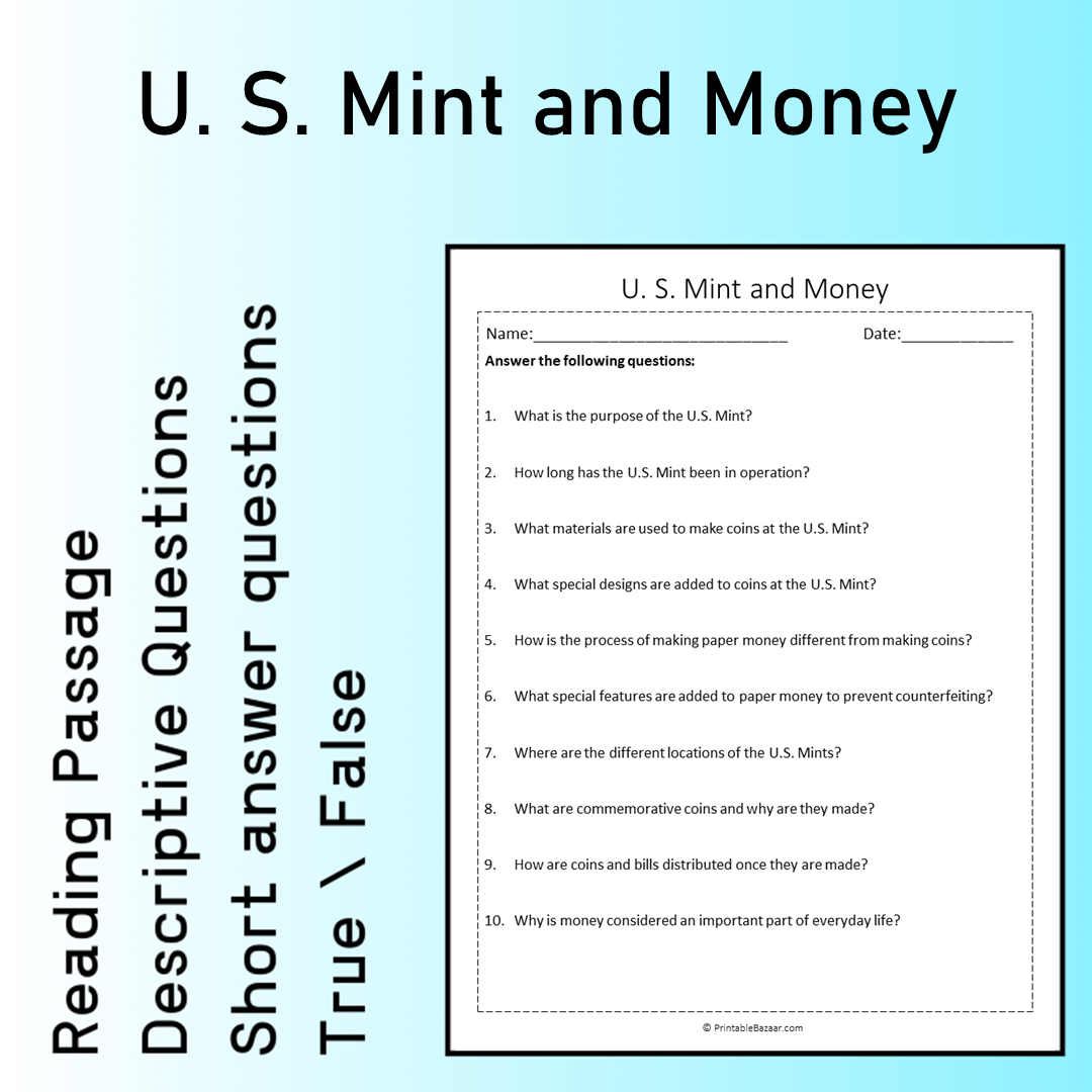 U. S. Mint and Money | Reading Comprehension Passage Printable Worksheet