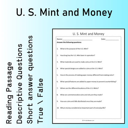 U. S. Mint and Money | Reading Comprehension Passage Printable Worksheet