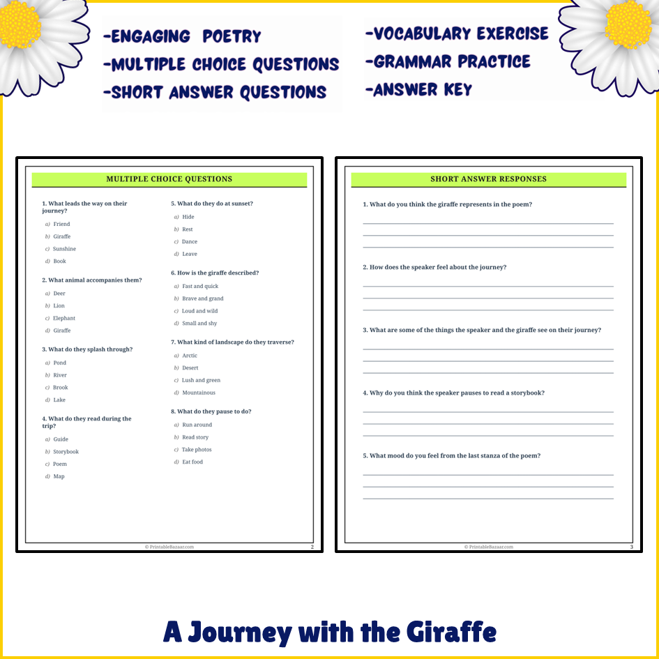 A Journey with the Giraffe | Poem Grammar Worksheet Printable Activity