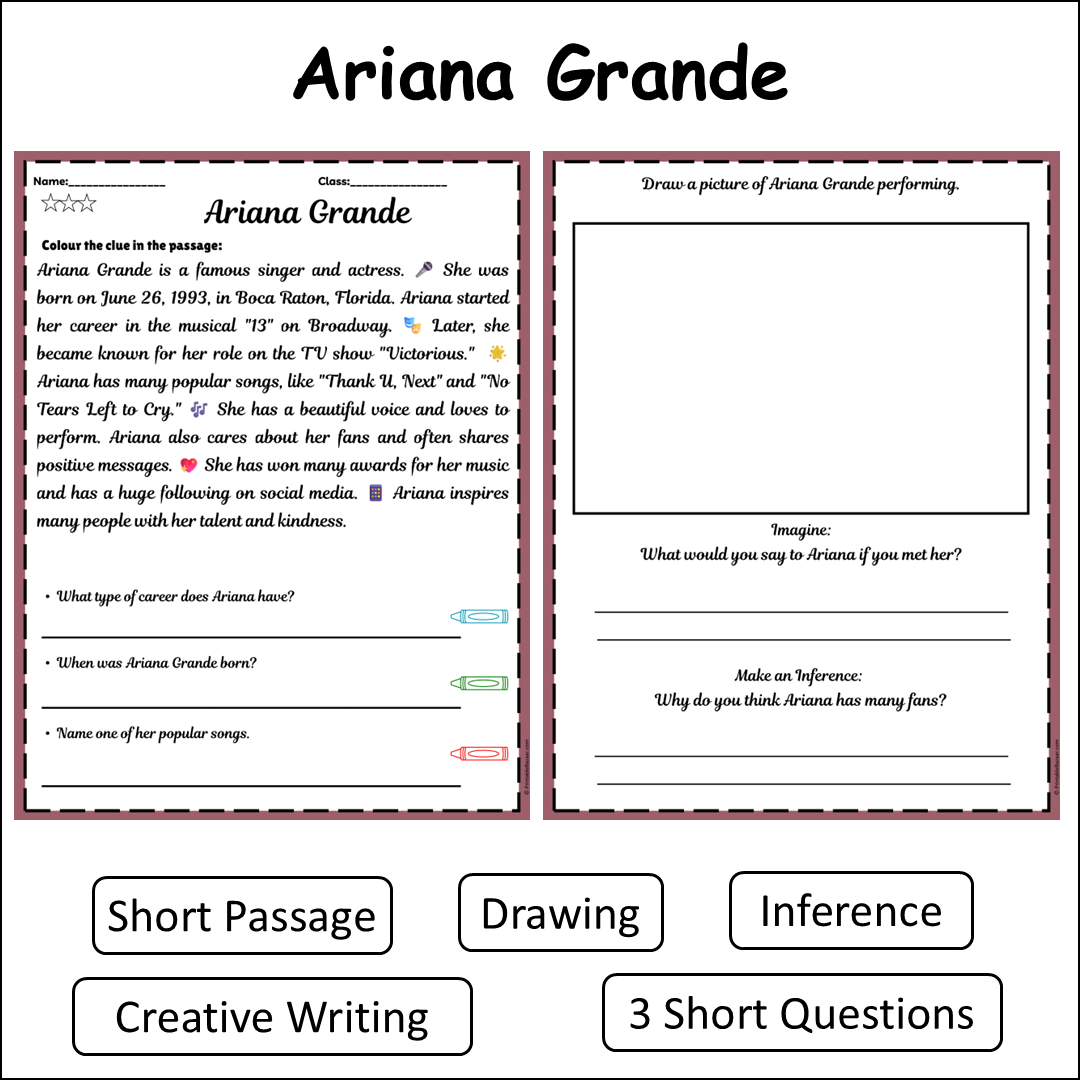 Ariana Grande | Short Reading Comprehension Creative Worksheet