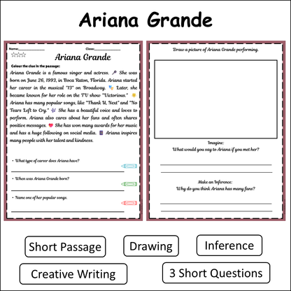 Ariana Grande | Short Reading Comprehension Creative Worksheet