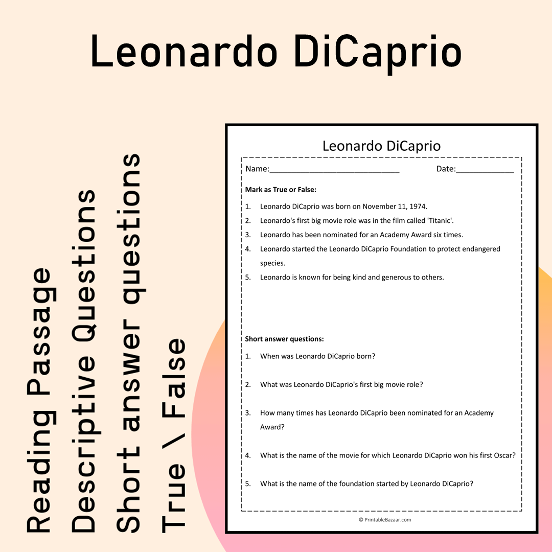 Leonardo DiCaprio | Reading Comprehension Passage Printable Activity