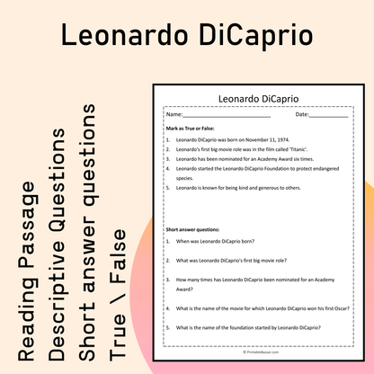 Leonardo DiCaprio | Reading Comprehension Passage Printable Activity