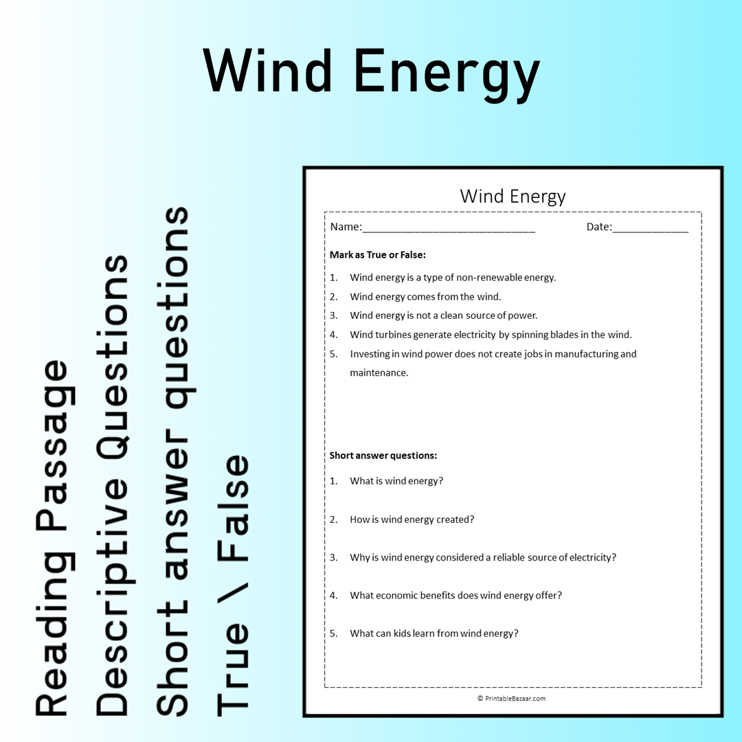 Wind Energy | Reading Comprehension Passage Printable Worksheet