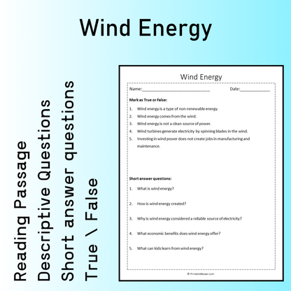 Wind Energy | Reading Comprehension Passage Printable Worksheet