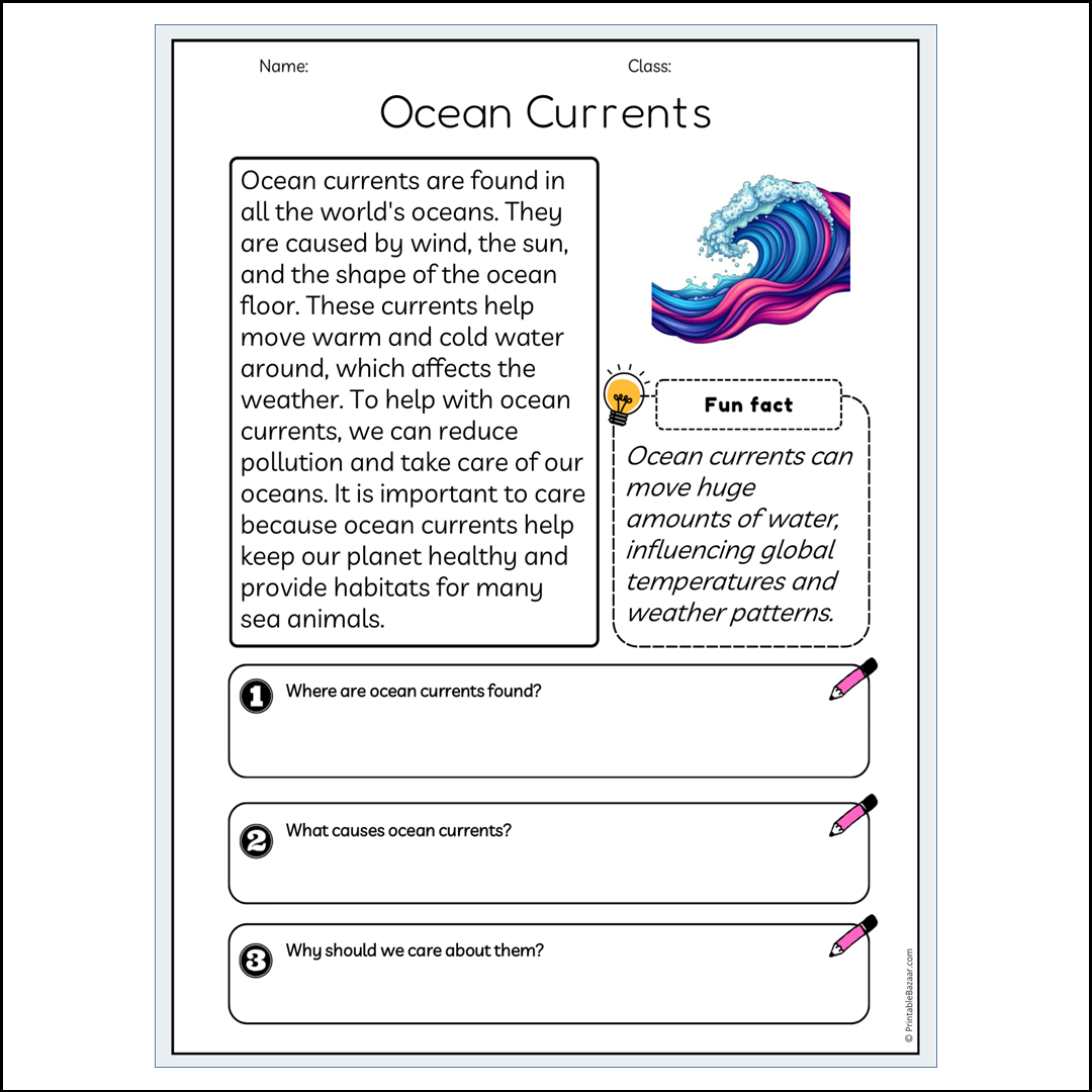 Ocean Currents | Reading Passage Comprehension Questions Writing Facts Worksheet