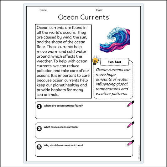 Ocean Currents | Reading Passage Comprehension Questions Writing Facts Worksheet