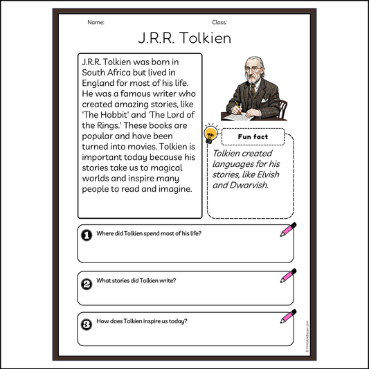 J.R.R. Tolkien | Reading Passage Comprehension Questions Writing Facts Worksheet