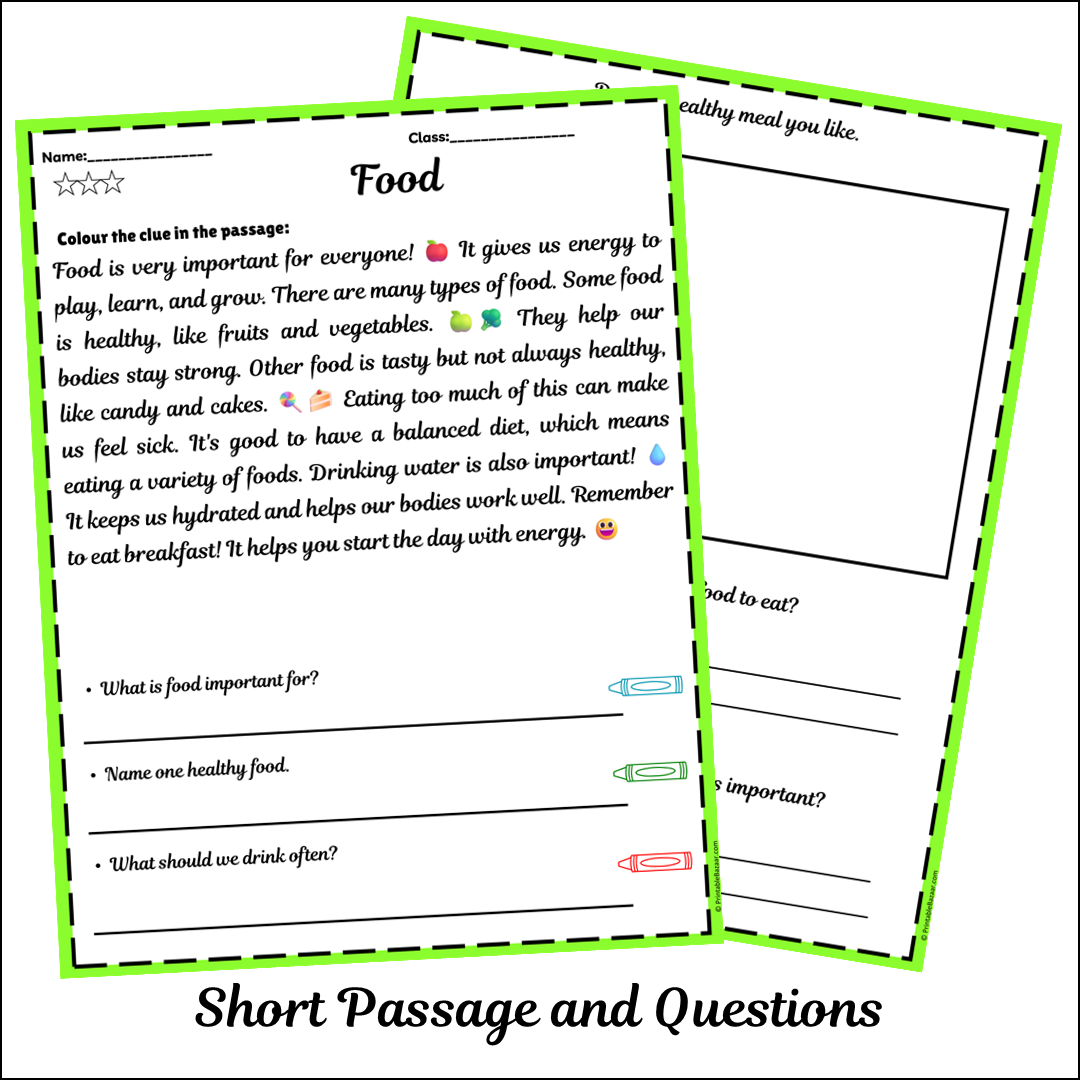 Food | Short Reading Comprehension Creative Worksheet