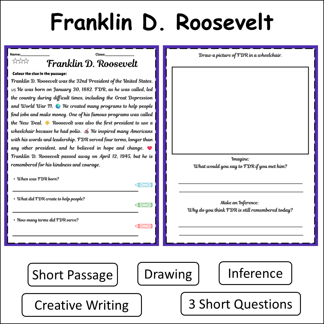 Franklin D. Roosevelt | Short Reading Comprehension Creative Worksheet