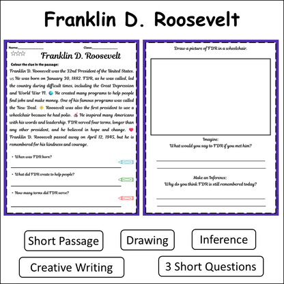 Franklin D. Roosevelt | Short Reading Comprehension Creative Worksheet
