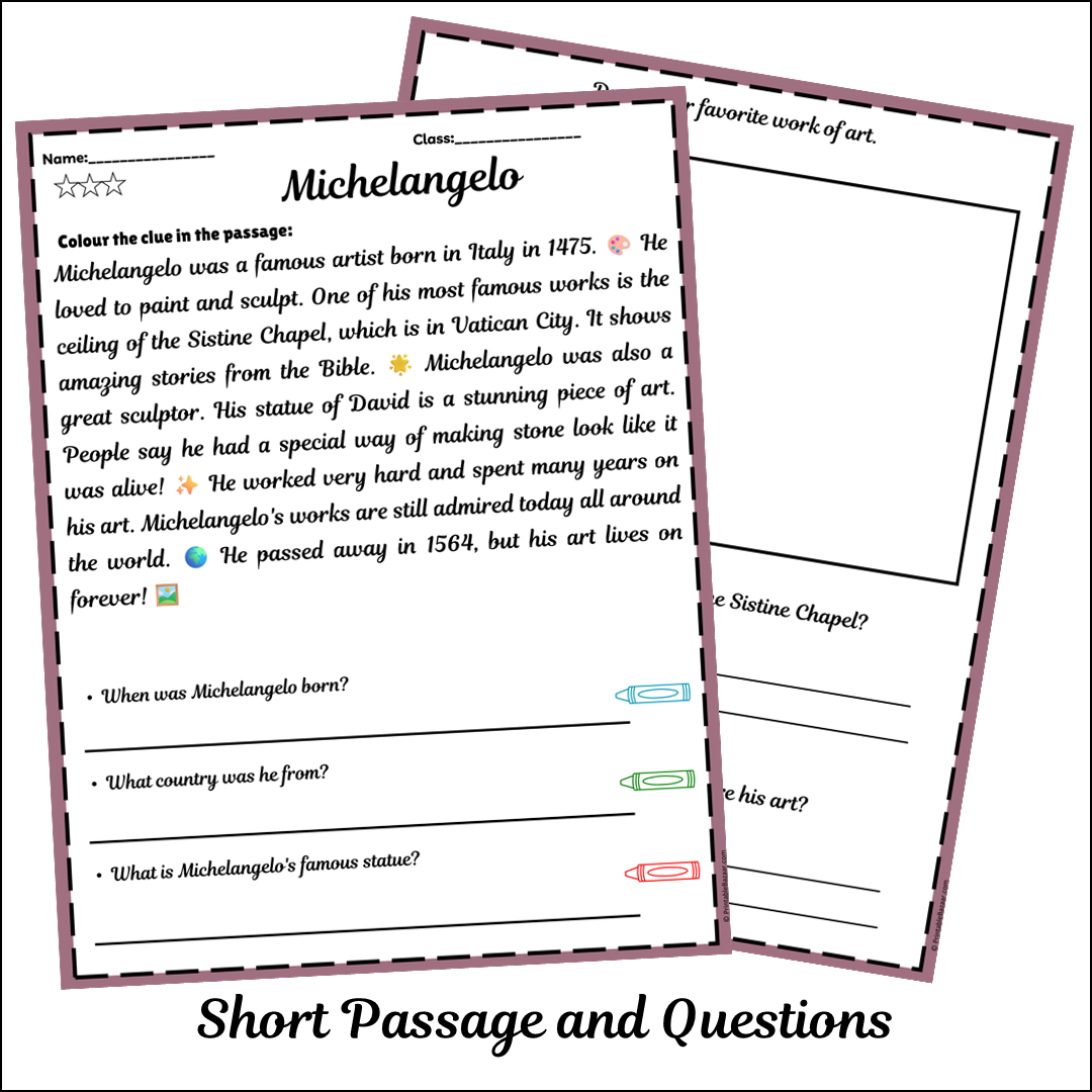 Michelangelo | Short Reading Comprehension Creative Worksheet