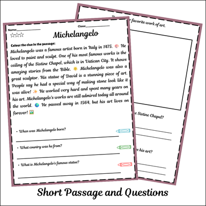 Michelangelo | Short Reading Comprehension Creative Worksheet