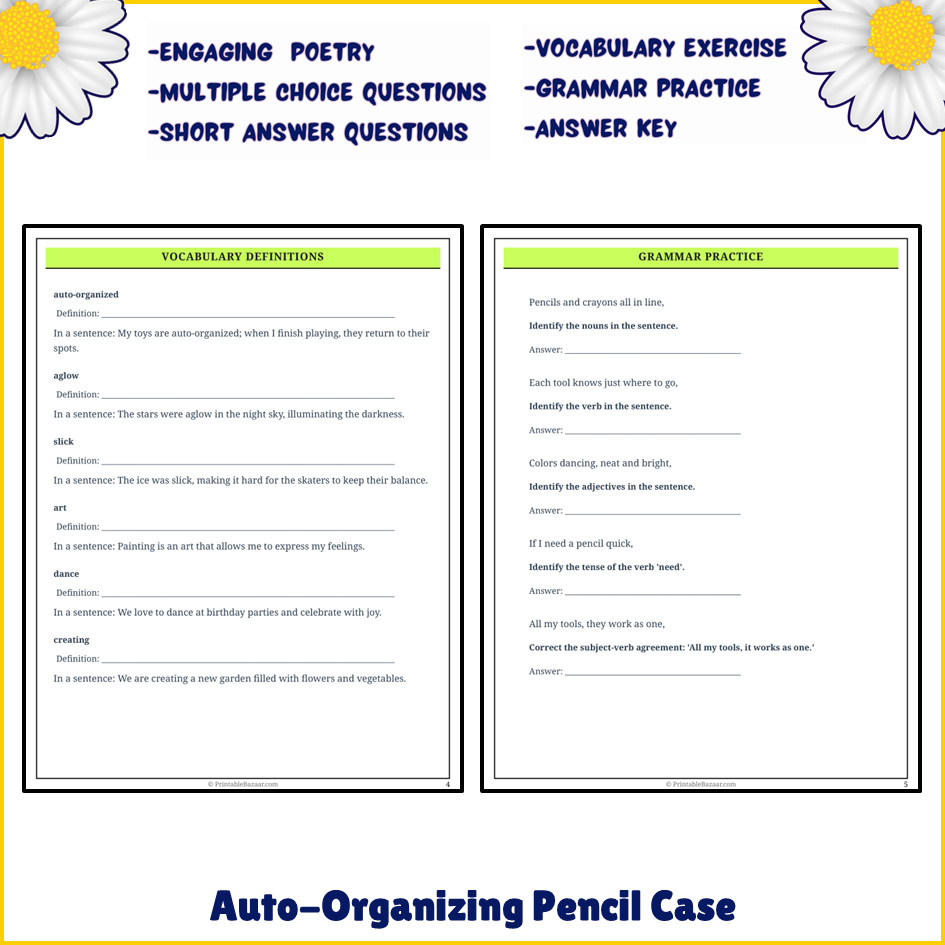 Auto-Organizing Pencil Case | Poem Grammar Worksheet Printable Activity