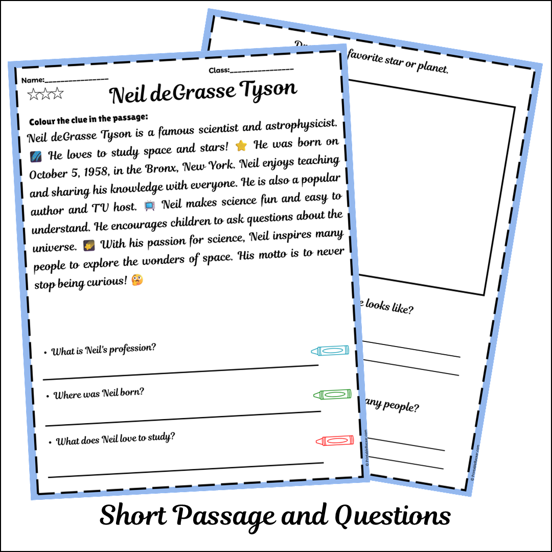 Neil deGrasse Tyson | Short Reading Comprehension Creative Worksheet