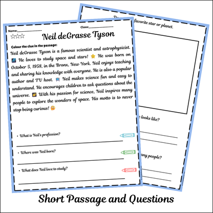 Neil deGrasse Tyson | Short Reading Comprehension Creative Worksheet