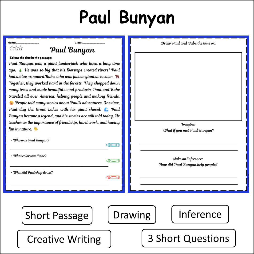 Paul Bunyan | Short Reading Comprehension Creative Worksheet