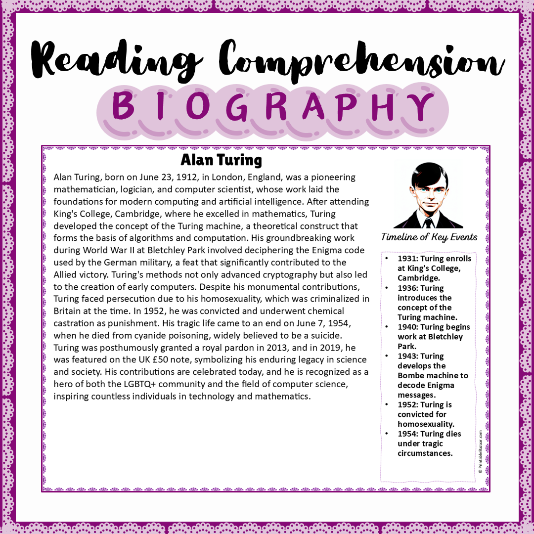 Alan Turing | Biography Reading Comprehension and Questions Worksheet