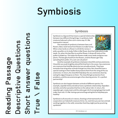 Symbiosis | Reading Comprehension Passage Printable Worksheet