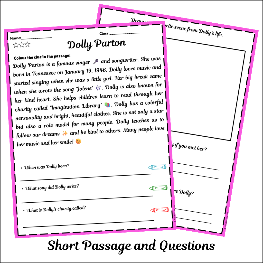 Dolly Parton | Short Reading Comprehension Creative Worksheet
