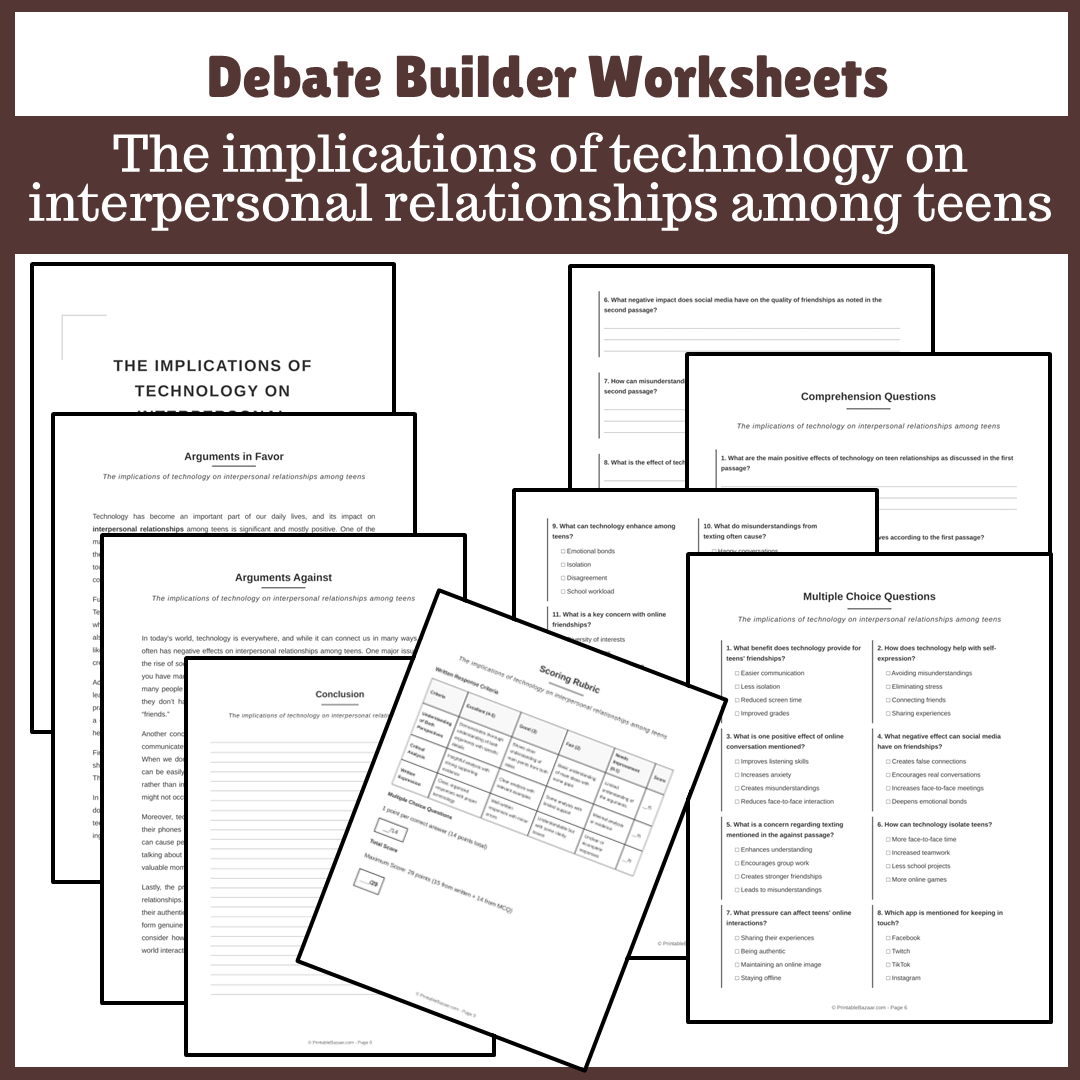 The implications of technology on interpersonal relationships among teens | Favour and Against Worksheet Printable Activity